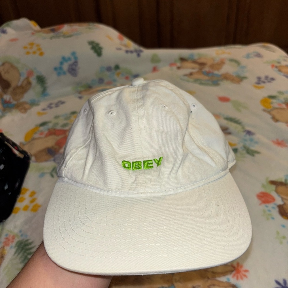 Obey White Cap with Green Logo